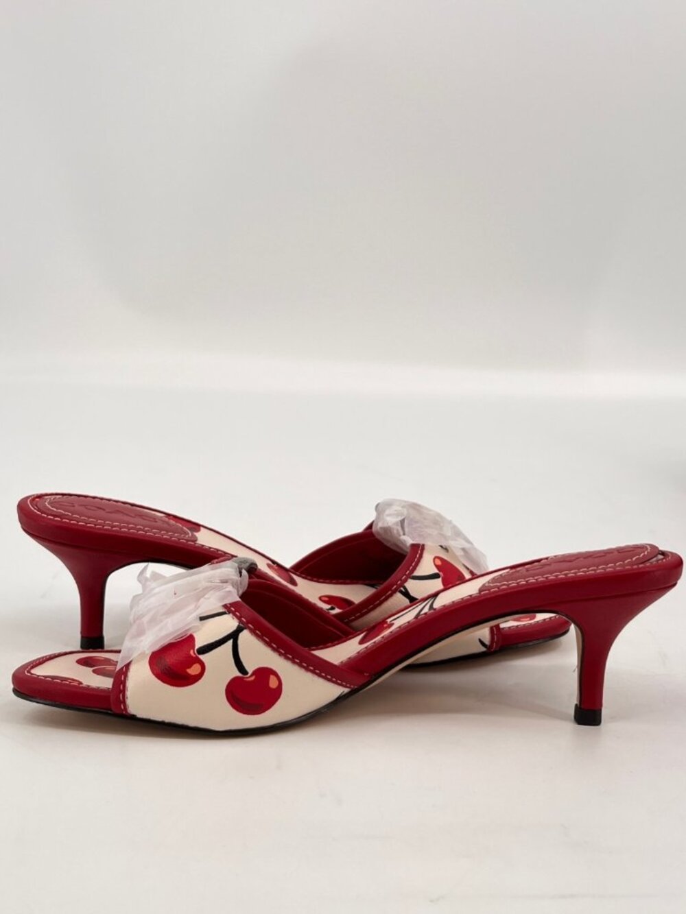 COACH Margot Sandal Red Cherry Print Leather Buckle Strap Kitten Size 6 - Picture 9 of 16